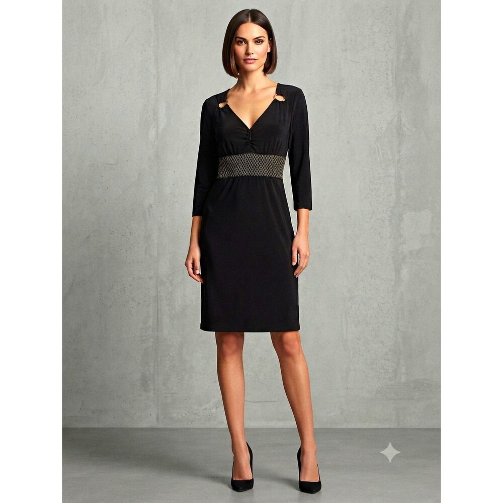 BCBGMAXAZRIA Black Sheath V-Neck Metallic Mesh Stretch Dress